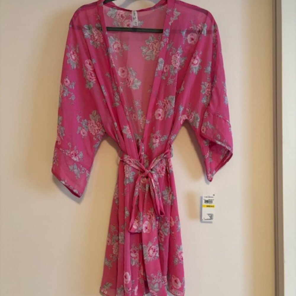 Flora Nikrooz Womens Floral Chiffon Robe Dark Pink size Medium